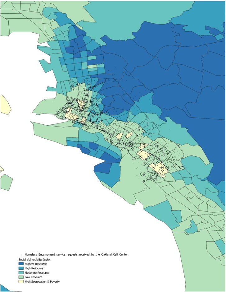 Spatial analysis overlaying homeless encampment service requests against social vulnerability and opportunity zones in Oakland, produced in QGIS